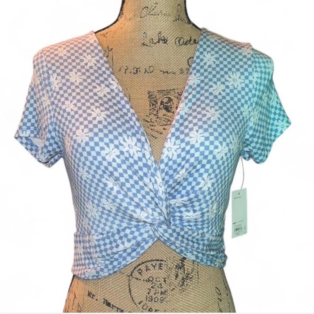 SO Blue White Checkered Daisy Crop Top Twist Front Y2K Size M NWT